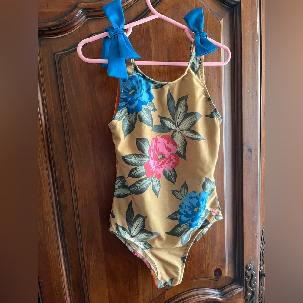 Pink Chicken Floral Kids Swim One Piece - Blue and Pink